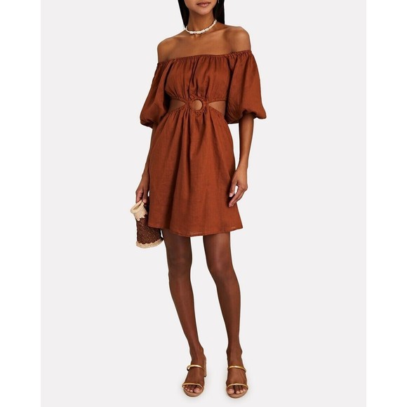 FAITHFULL THE BRAND Dresses & Skirts - Faithfull the Brand Almero Cutout Mini Dress Plain Spice Puff Sleeve Size 8